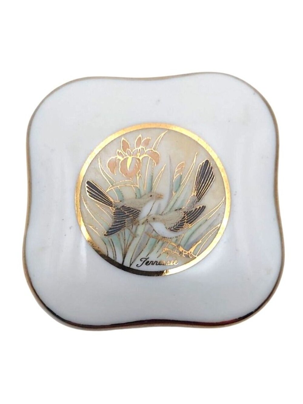 Lefton China Porcelain Trinket Box Chokin Tennessee Birds w/ Gold Trim Lid 1988